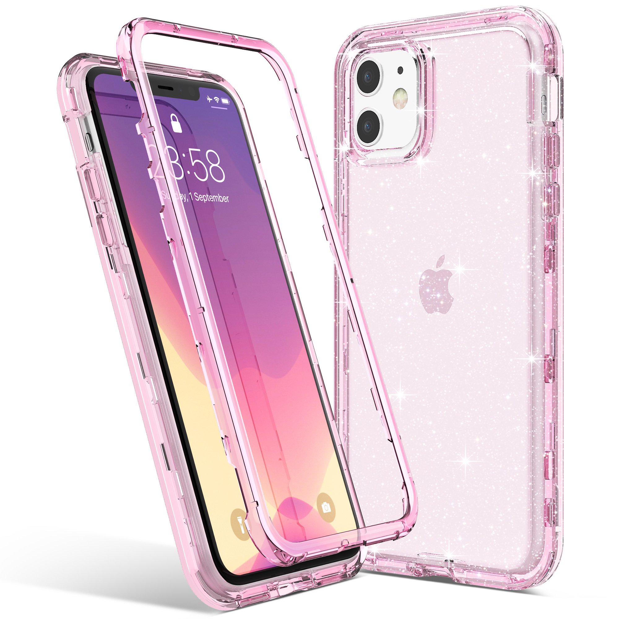iPhone 11 Case, Heavy Duty Shockproof Rugged Protection TPU Bumper Phone Case for Apple iPhone 11 6.1 inch, Pink Clear Glitter